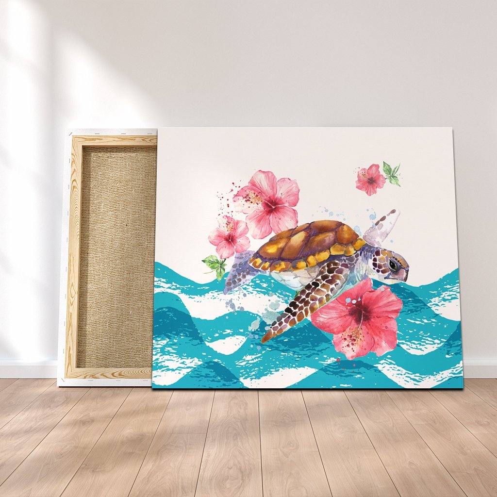 Hawaiian Turtle Hibiscus Waves Polynesian Canvas - AH Canvas Poly-cotton - Polynesian Pride