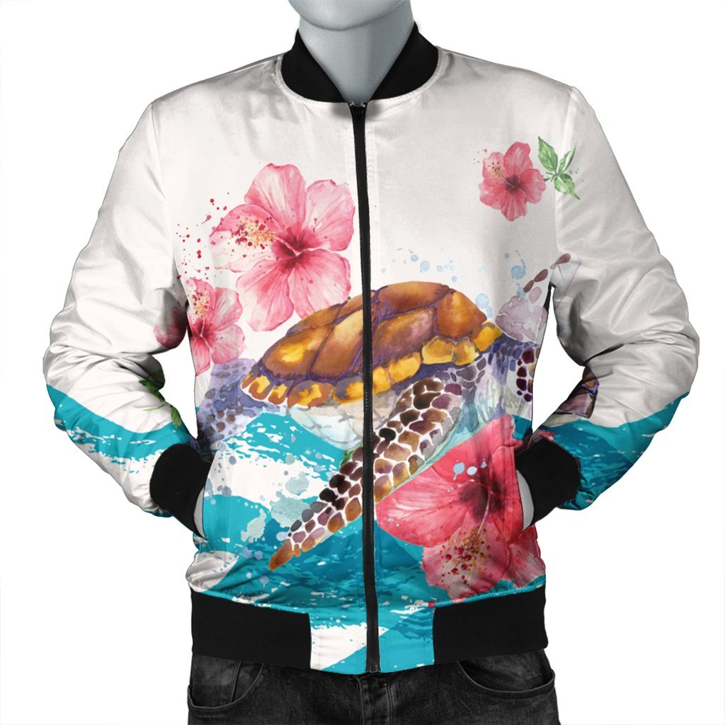 Hawaiian Turtle Hibiscus Waves Polynesian Bomber Jacket - AH Black Unisex - Polynesian Pride