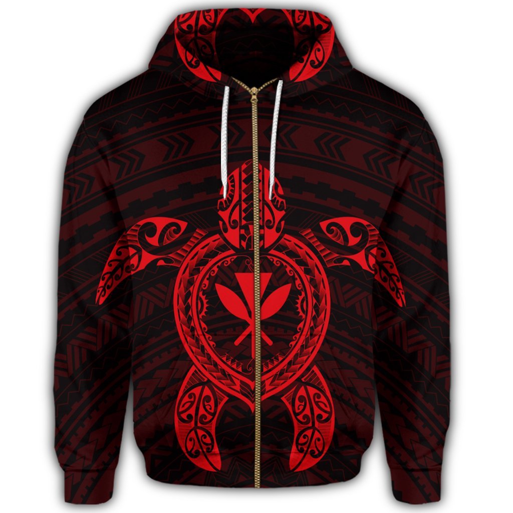 Hawaiian Turtle Kanaka Polynesian Zip Hoodie Red - Polynesian Pride