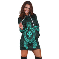 Hawaiian Turtle Kanaka Polynesian Hoodie Dress - Turquoise - AH - Polynesian Pride