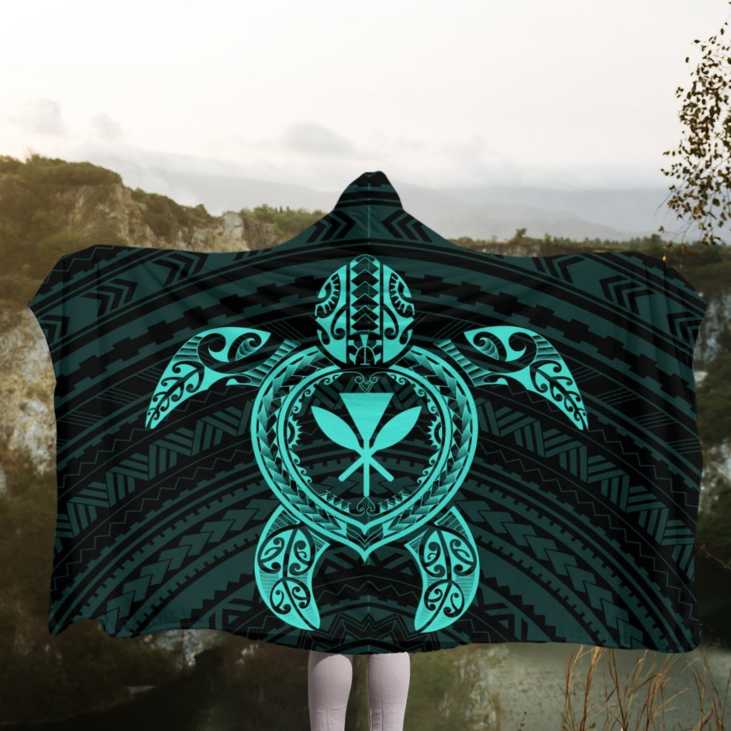 Hawaiian Turtle Kanaka Polynesian Hooded Blanket - Turquoise - AH - Polynesian Pride