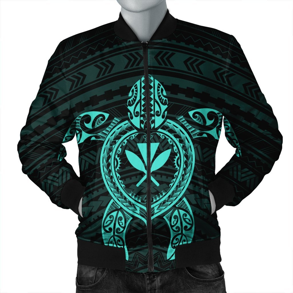 Hawaiian Turtle Kanaka Polynesian Bomber Jacket - Turquoise - AH Black Unisex - Polynesian Pride