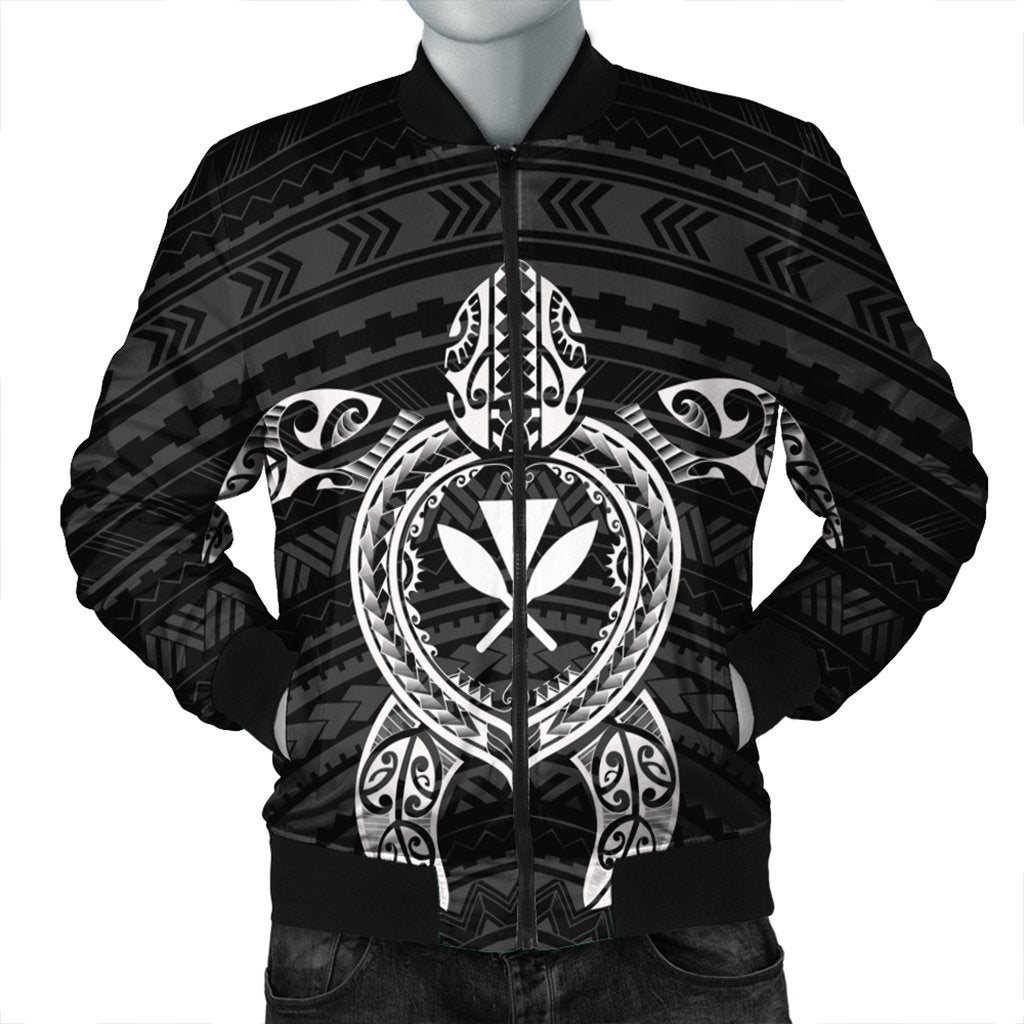 Hawaiian Turtle Kanaka Polynesian Bomber Jacket - White - AH Black Unisex - Polynesian Pride