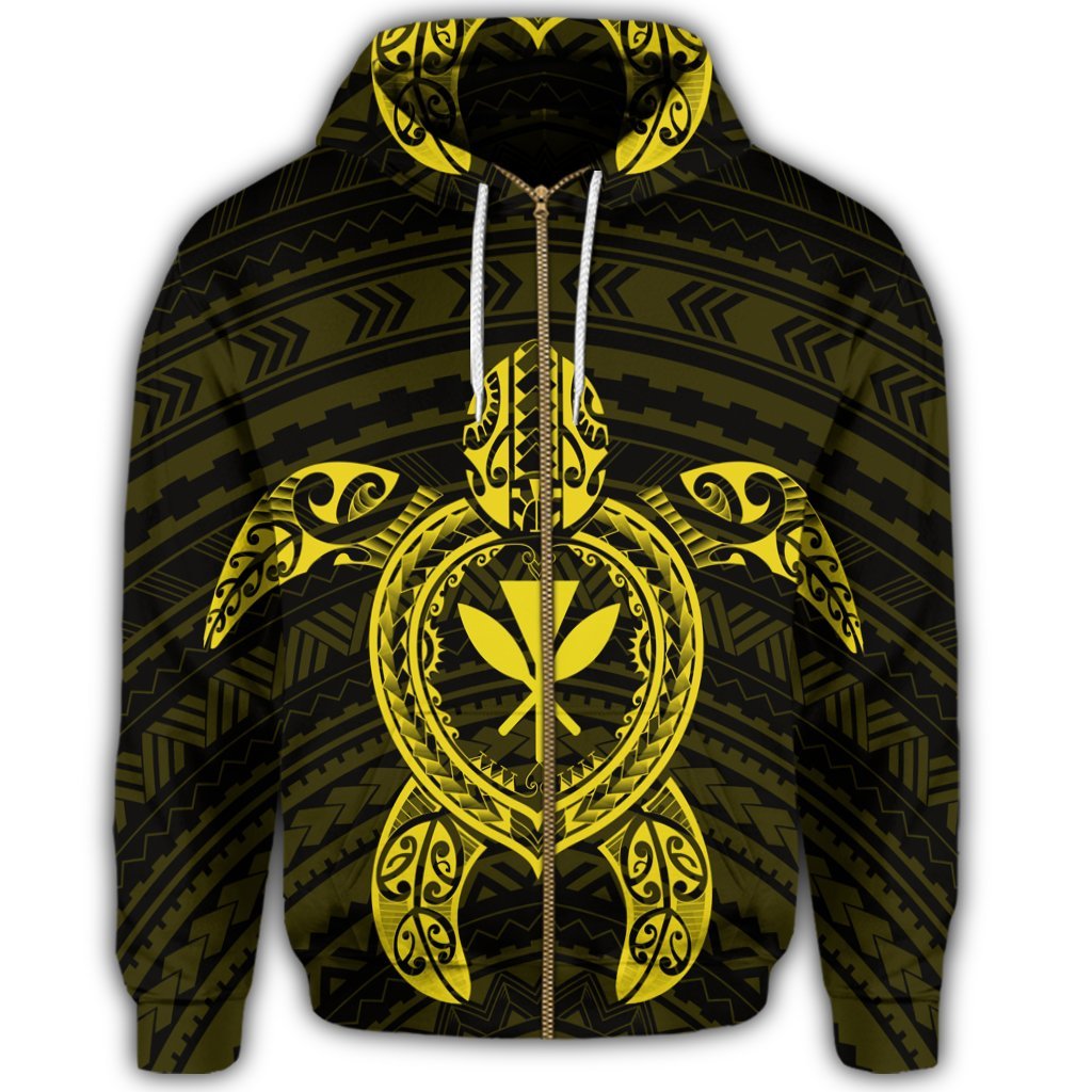 Hawaiian Turtle Kanaka Polynesian Zip Hoodie Yellow - Polynesian Pride