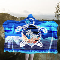 Hawaiian Turtle Plumeria Coconut Tree Polynesian Hooded Blanket Blue - AH - Polynesian Pride