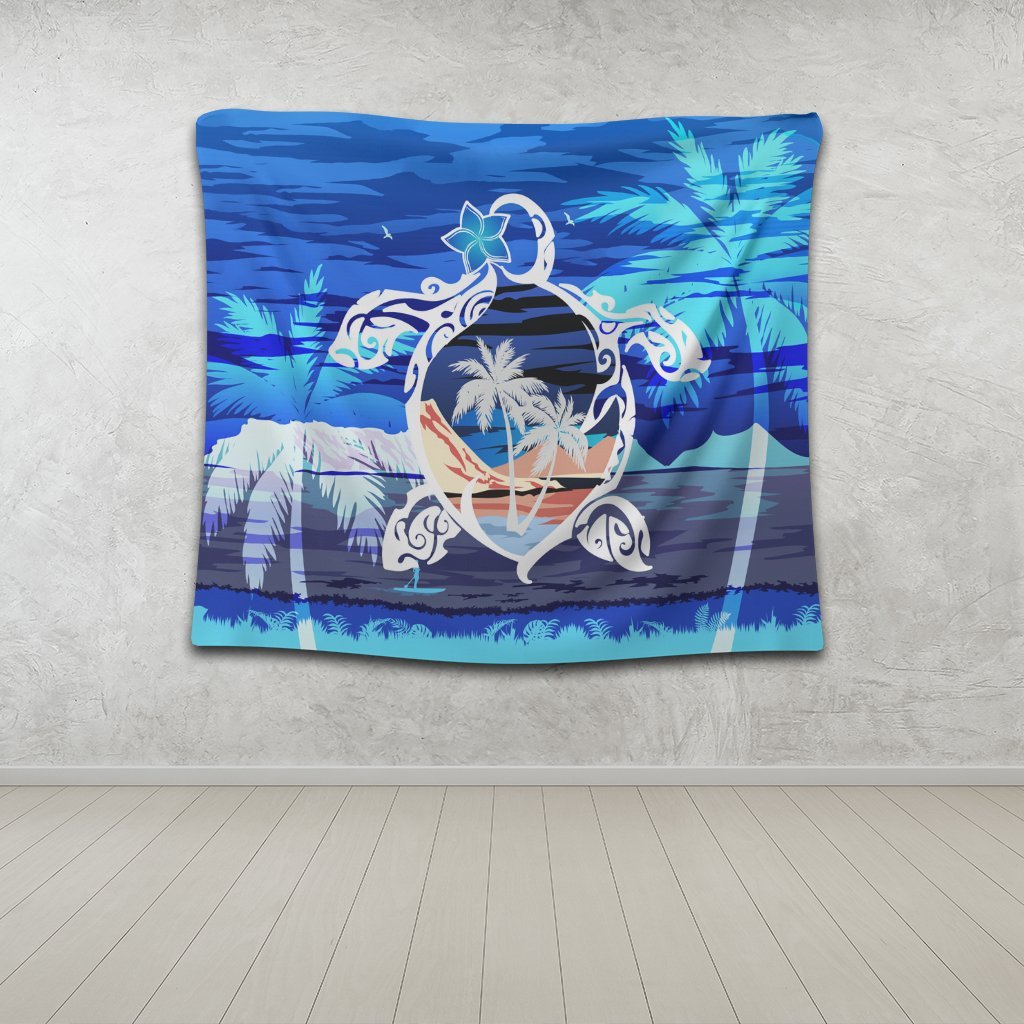 Hawaiian Turtle Plumeria Coconut Tree Polynesian Tapestry Blue - AH - Polynesian Pride