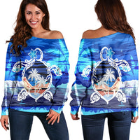 Hawaiian Turtle Plumeria Coconut Tree Polynesian Women's Off Shoulder Sweater Blue - AH Black - Polynesian Pride