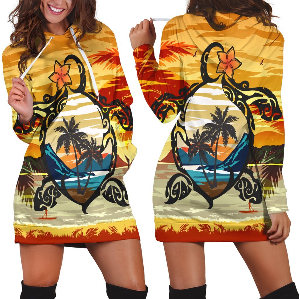 Hawaiian Turtle Plumeria Coconut Tree Polynesian Hoodie Dress Gold - AH Black - Polynesian Pride