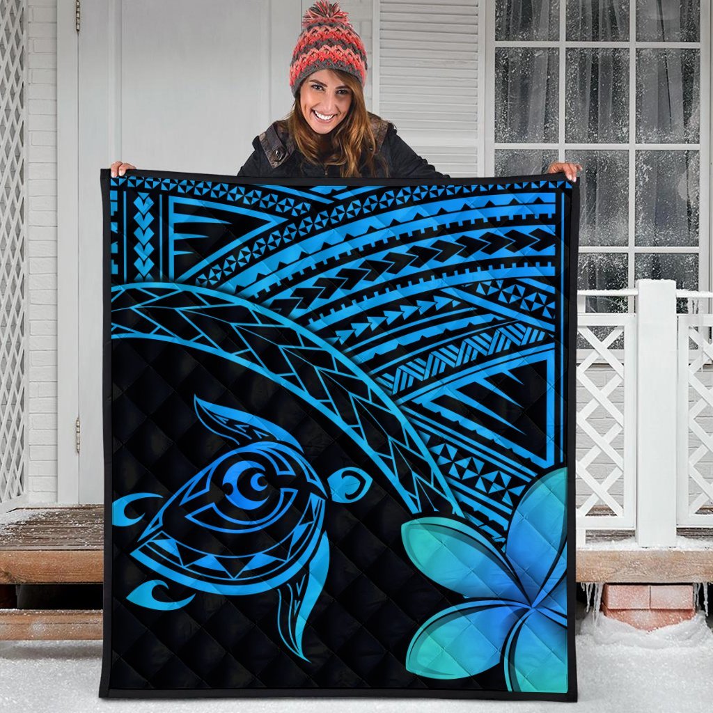 Hawaiian Turtle Plumeria Kakau Polynesian Quilt Premium Quilts Blue AH - Polynesian Pride