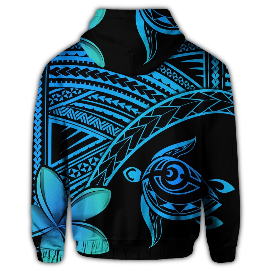 Hawaiian Turtle Plumeria Kakau Polynesian Quilt Zip Hoodie Blue - Polynesian Pride