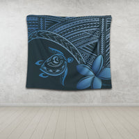 Hawaiian Turtle Plumeria Kakau Polynesian Quilt Tapestry Neo Blue AH - Polynesian Pride