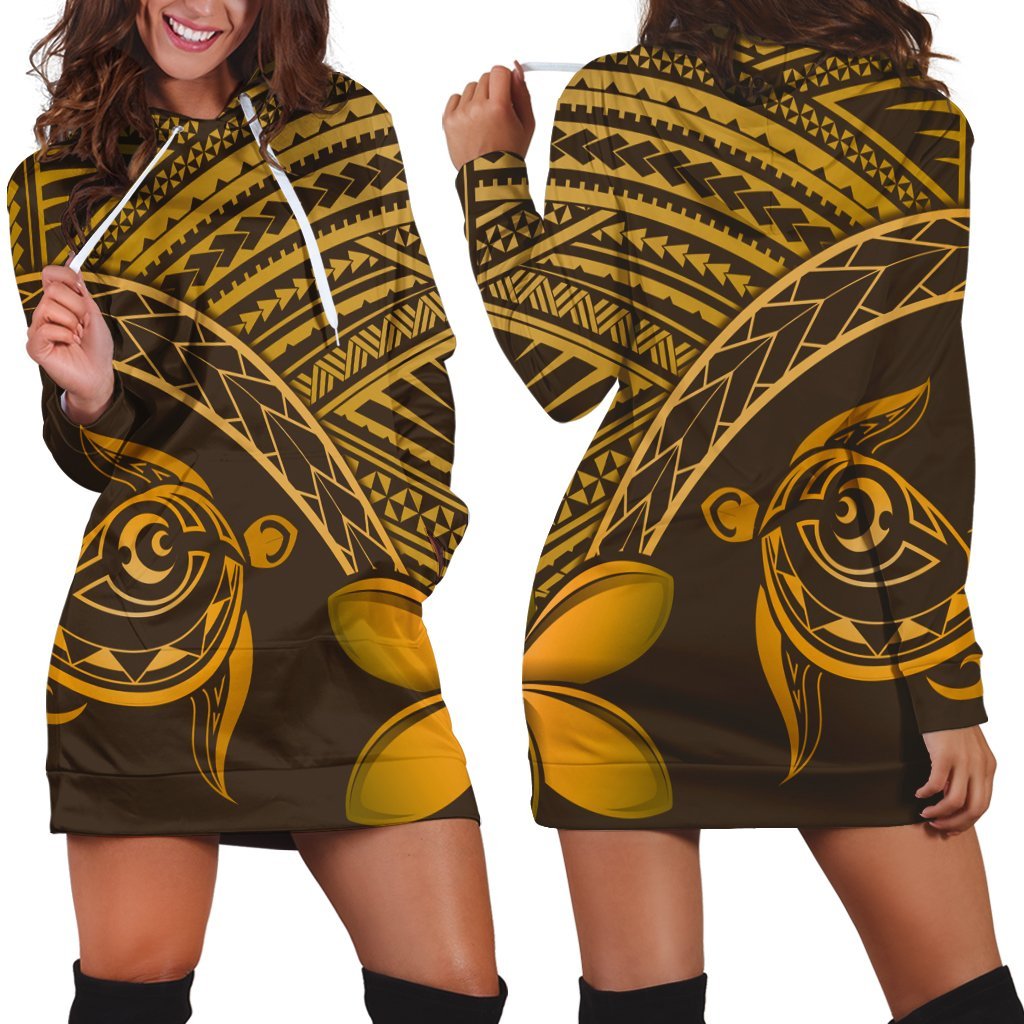 Hawaiian Turtle Plumeria Kakau Polynesian Quilt Hoodie Dress Neo Brown AH Black - Polynesian Pride