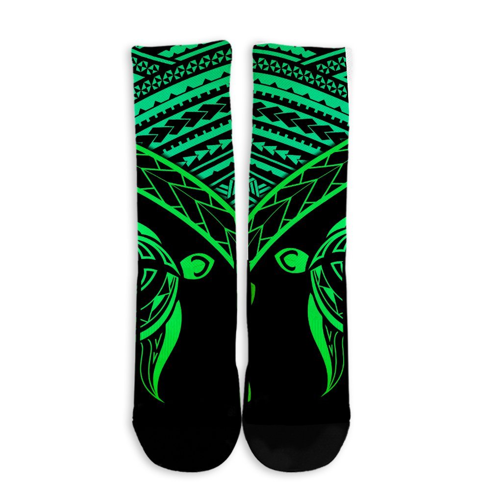 Hawaiian Turtle Plumeria Kakau Polynesian Quilt Crew Socks Neo Green AH - Polynesian Pride