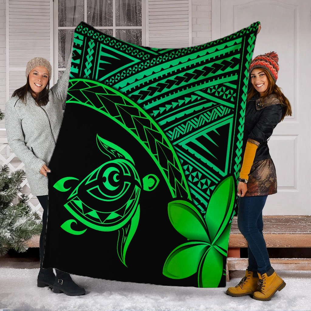 Hawaiian Turtle Plumeria Kakau Polynesian Quilt Premium Blankets Neo Green AH - Polynesian Pride