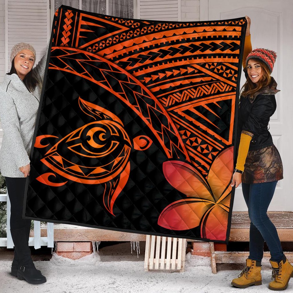 Hawaiian Turtle Plumeria Kakau Polynesian Quilt Premium Quilts Neo Orange AH - Polynesian Pride