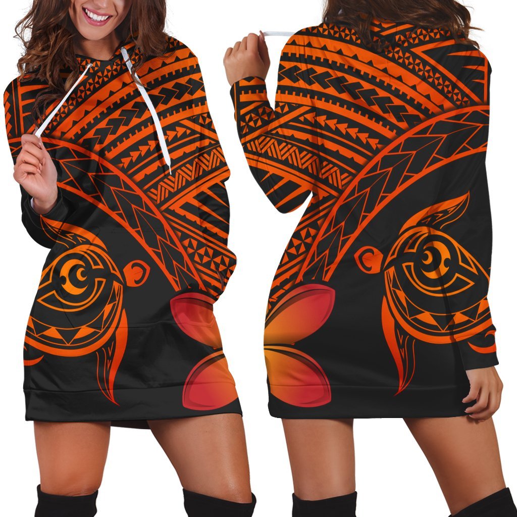 Hawaiian Turtle Plumeria Kakau Polynesian Quilt Hoodie Dress Neo Orange AH Black - Polynesian Pride