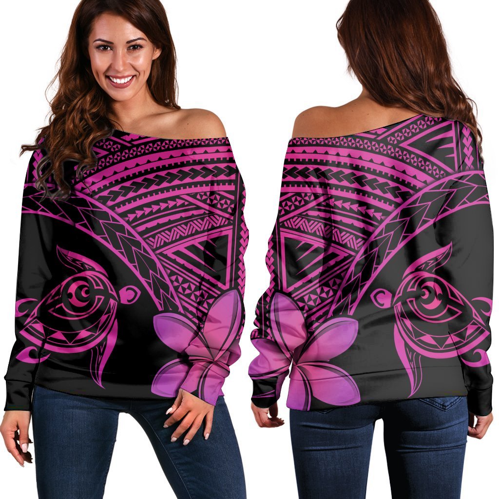 Hawaiian Turtle Plumeria Kakau Polynesian Quilt Women's Off Shoulder Sweater Neo Pink AH Black - Polynesian Pride