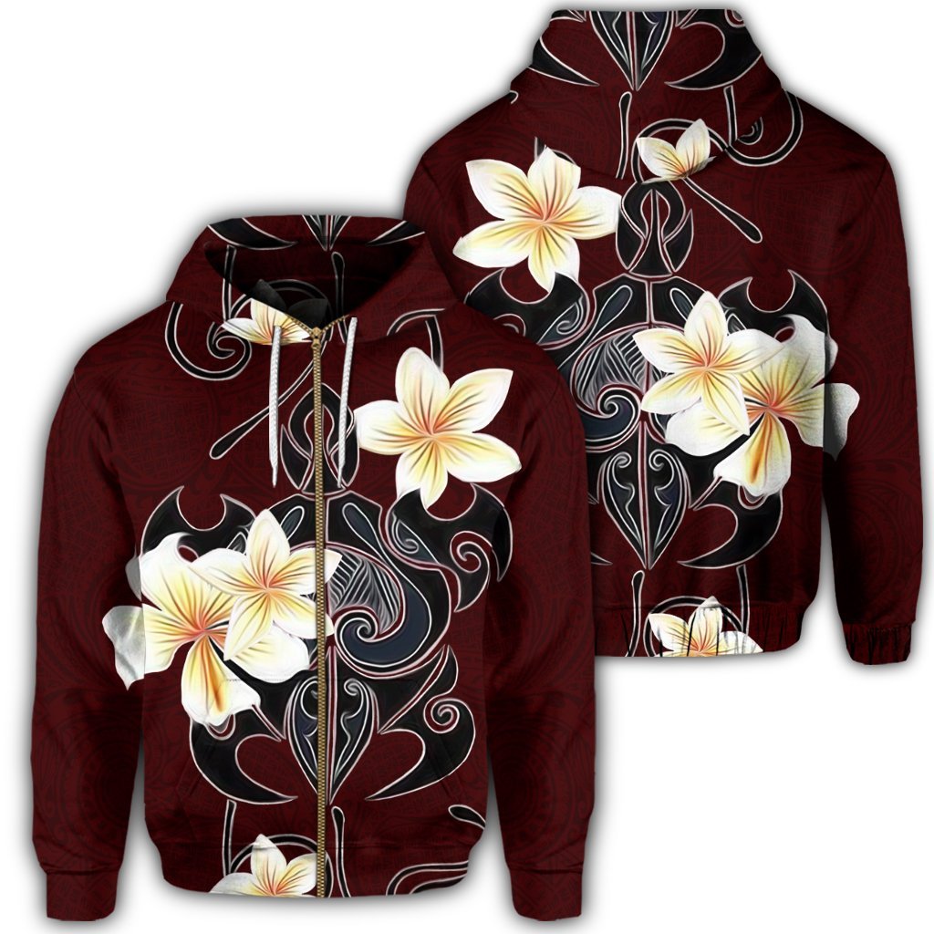 Hawaiian Turtle Plumeria Polynesian Zip Hoodie Red Unisex Art - Polynesian Pride