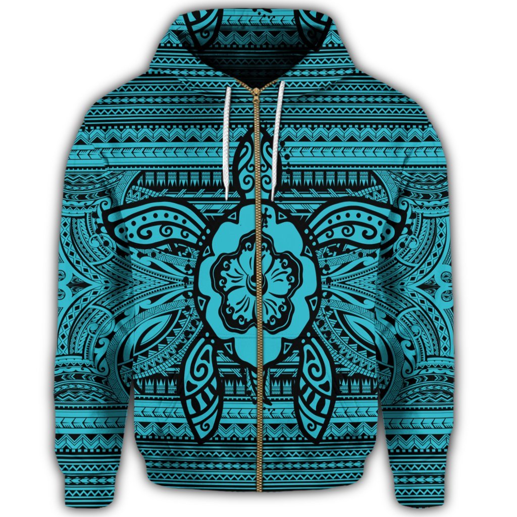 Hawaiian Turtle Polyensian Tribal Zip Hoodie Blue - Polynesian Pride