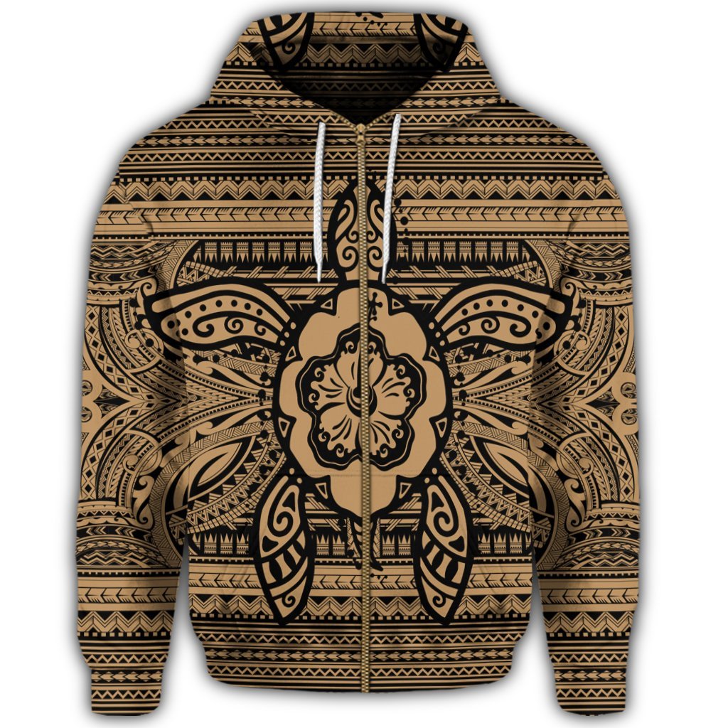 Hawaiian Turtle Polyensian Tribal Zip Hoodie Gold - Polynesian Pride