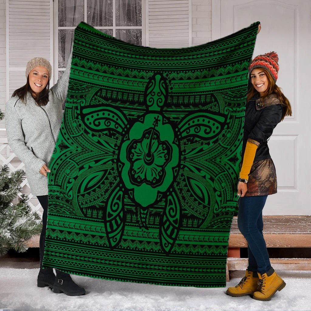 Hawaiian Turtle Polyensian Tribal Premium Blankets Green AH - Polynesian Pride