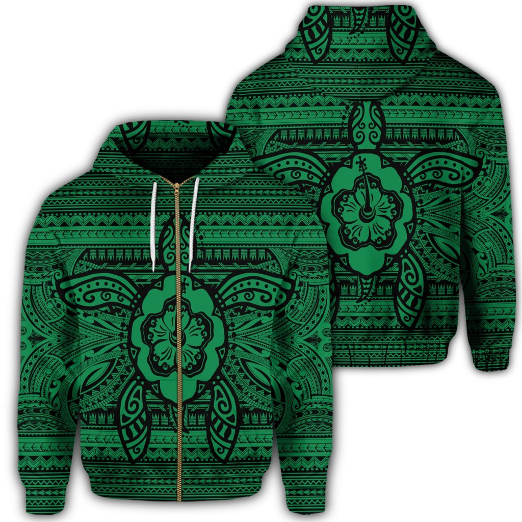 Hawaiian Turtle Polyensian Tribal Zip Hoodie Green Unisex Art - Polynesian Pride
