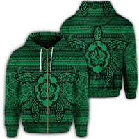 Hawaiian Turtle Polyensian Tribal Zip Hoodie Green Unisex Art - Polynesian Pride