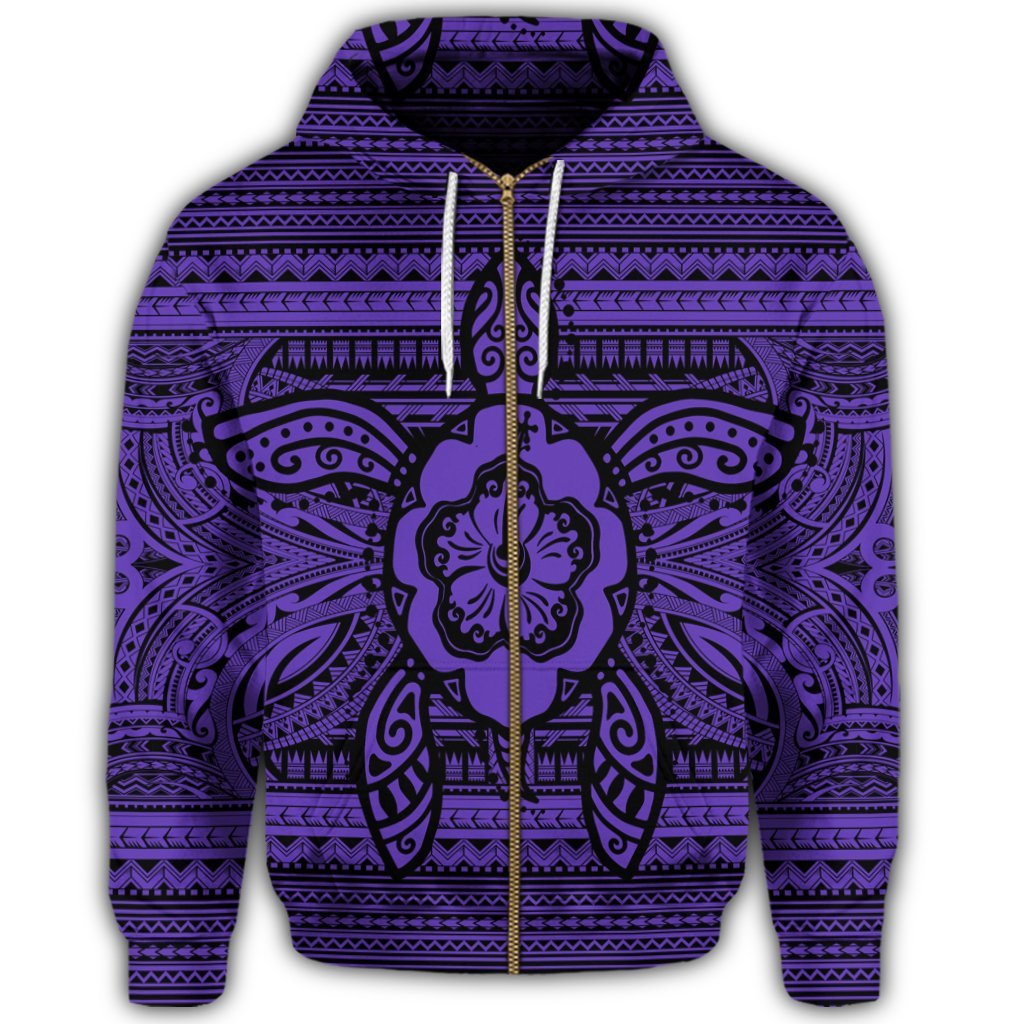 Hawaiian Turtle Polyensian Tribal Zip Hoodie Purple - Polynesian Pride
