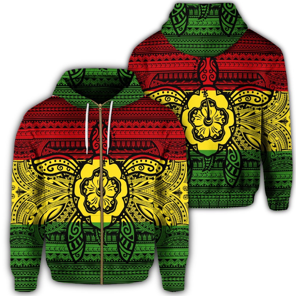 Hawaiian Turtle Polyensian Tribal Zip Hoodie Reggae Unisex Art - Polynesian Pride