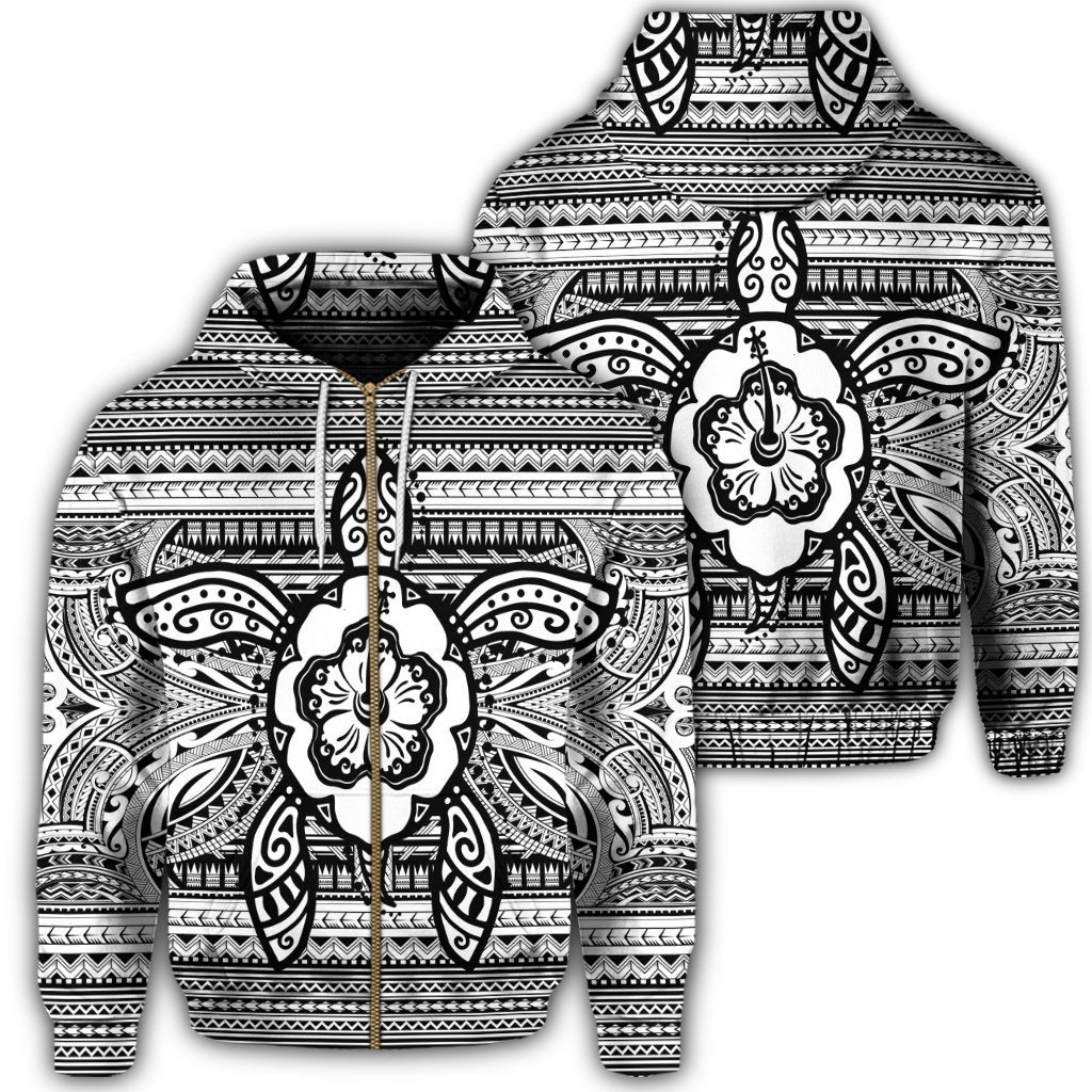 Hawaiian Turtle Polyensian Tribal Zip Hoodie White Unisex Art - Polynesian Pride