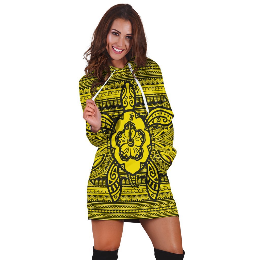 Hawaiian Turtle Polyensian Tribal Hoodie Dress Yellow AH - Polynesian Pride