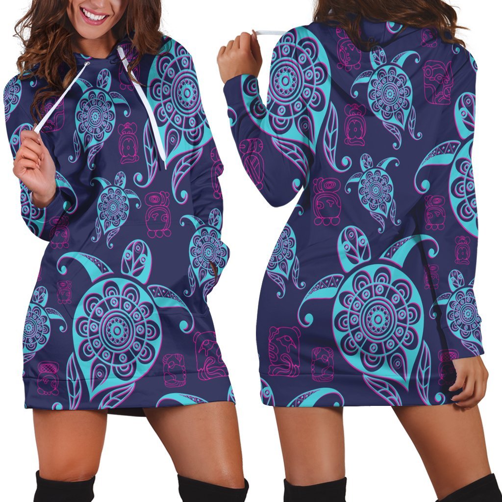 Hawaiian Turtle Polynesian Neon Hoodie Dress - AH Black - Polynesian Pride