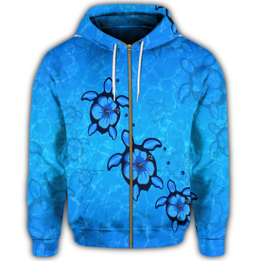 Hawaiian Turtle Swim In The OCean With Hibiscus Polynesian Zip Hoodie - Polynesian Pride