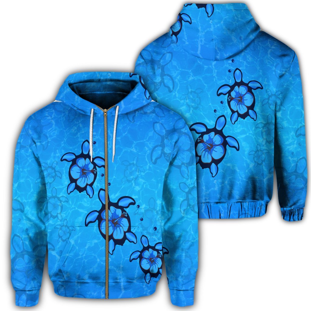 Hawaiian Turtle Swim In The OCean With Hibiscus Polynesian Zip Hoodie Unisex Art - Polynesian Pride