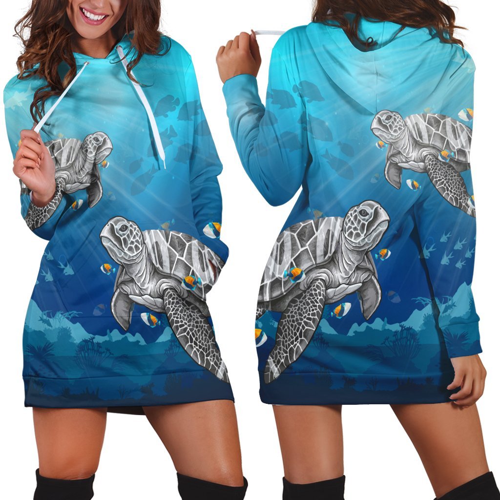 Hawaiian Turtle Swim With Fish In The Ocean Polynesian Hoodie Dress - AH Black - Polynesian Pride