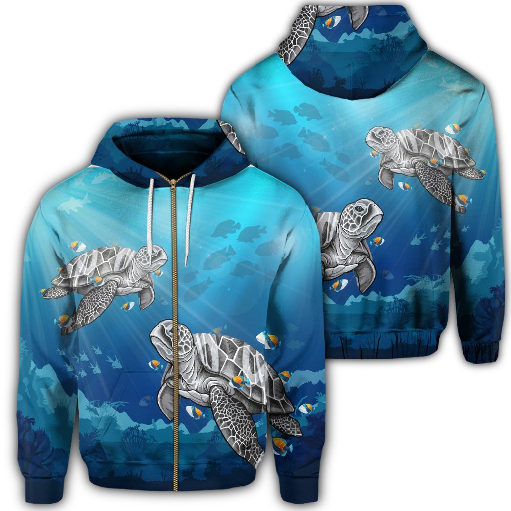 Hawaiian Turtle Swim With Fish In The Ocean Polynesian Zip Hoodie Unisex Art - Polynesian Pride