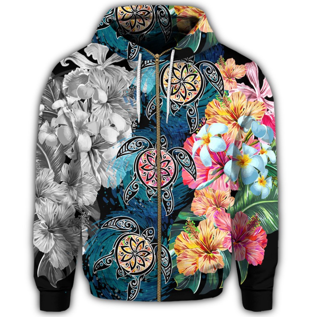 Hawaiian Turtle Swimming Wave Plumeria Hibiscus Polynesian Zip Hoodie Garden Style - Polynesian Pride