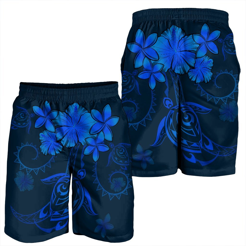 Hawaiian Turtles Hibiscus Plumeria Polynesian Men's Shorts - Blue - AH - Polynesian Pride