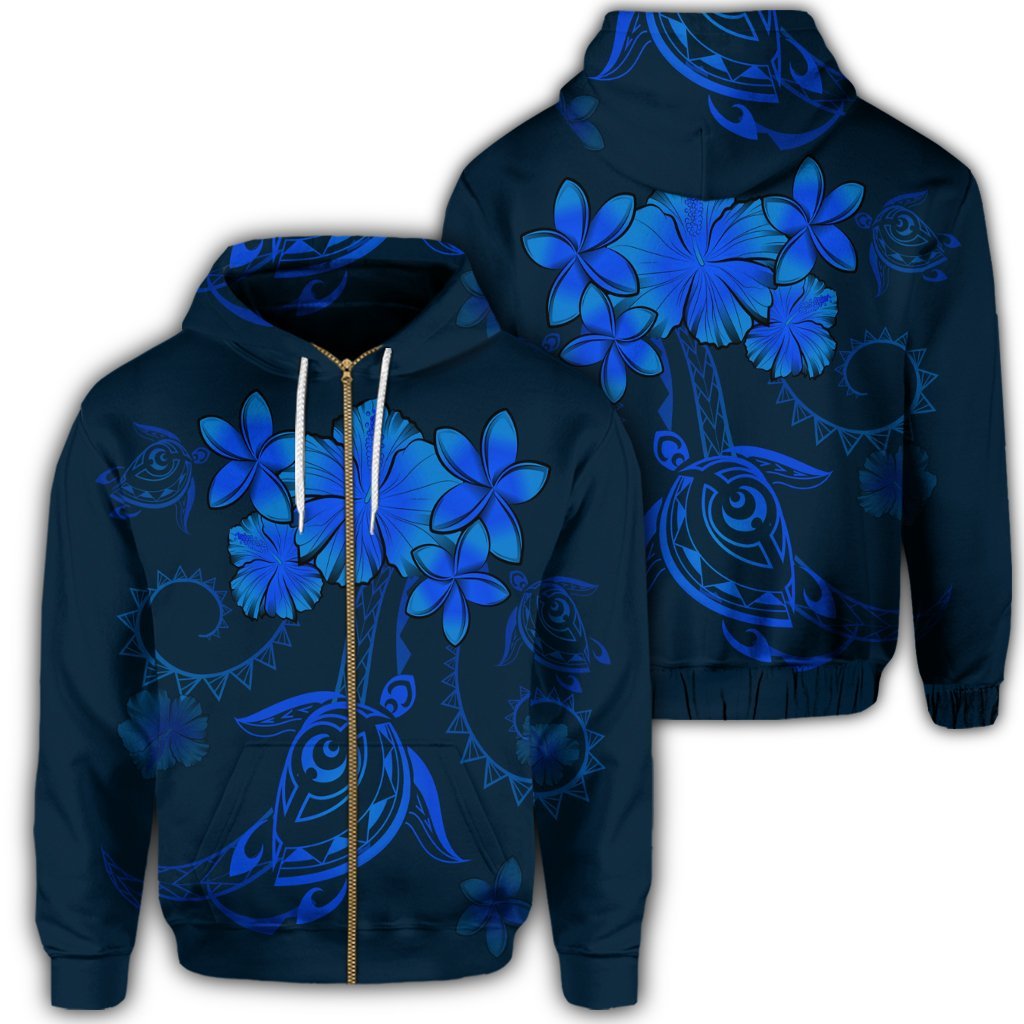 Hawaiian Turtles Hibiscus Plumeria Polynesian Zip Hoodie Blue Unisex Art - Polynesian Pride