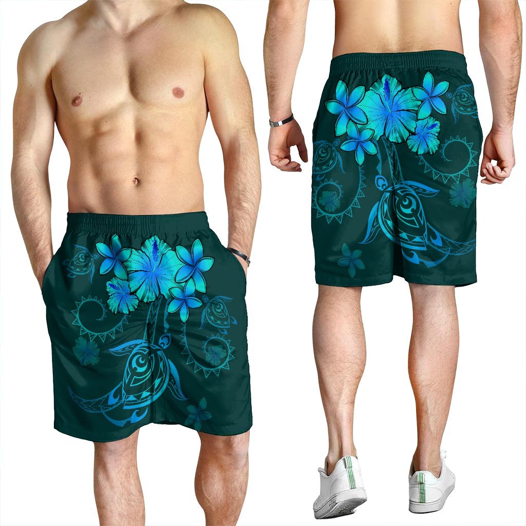 Hawaiian Turtles Hibiscus Plumeria Polynesian Men's Shorts - Turquoise - AH - Polynesian Pride