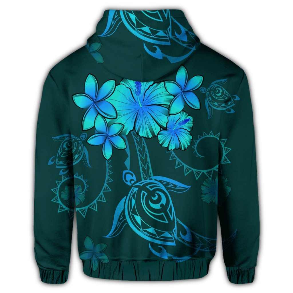 Hawaiian Turtles Hibiscus Plumeria Polynesian Zip Hoodie Turquoise - Polynesian Pride