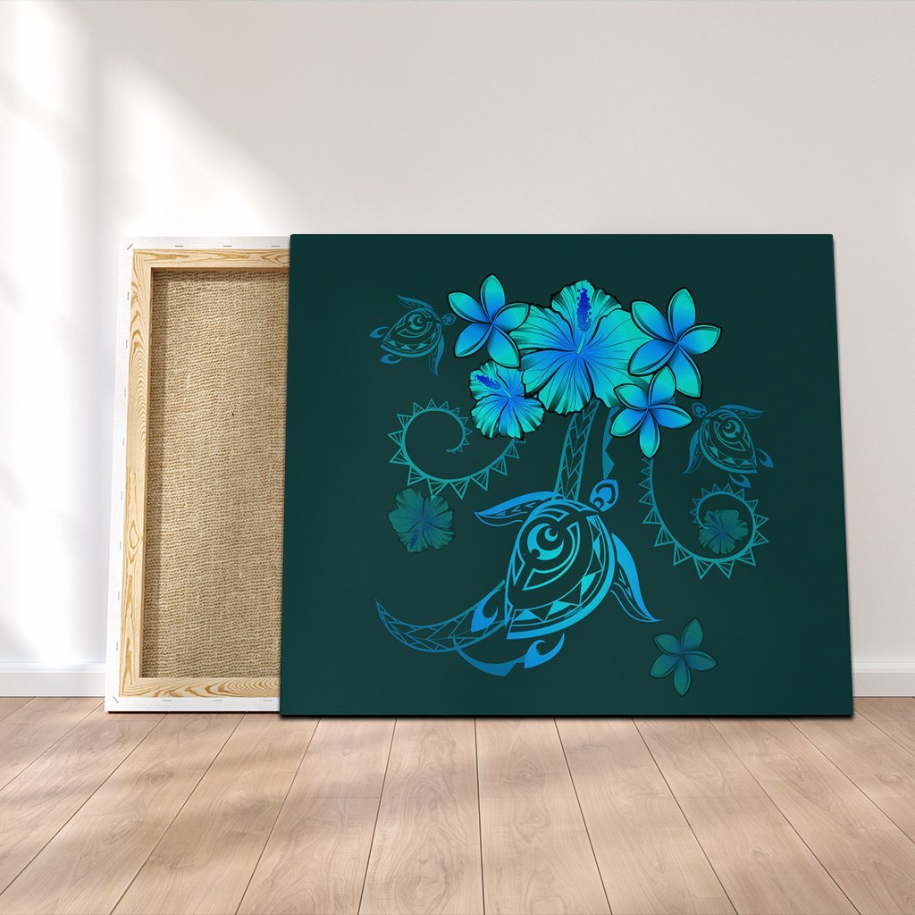 Hawaiian Turtles Hibiscus Plumeria Polynesian Canvas - Turquoise - AH Canvas Poly-cotton - Polynesian Pride