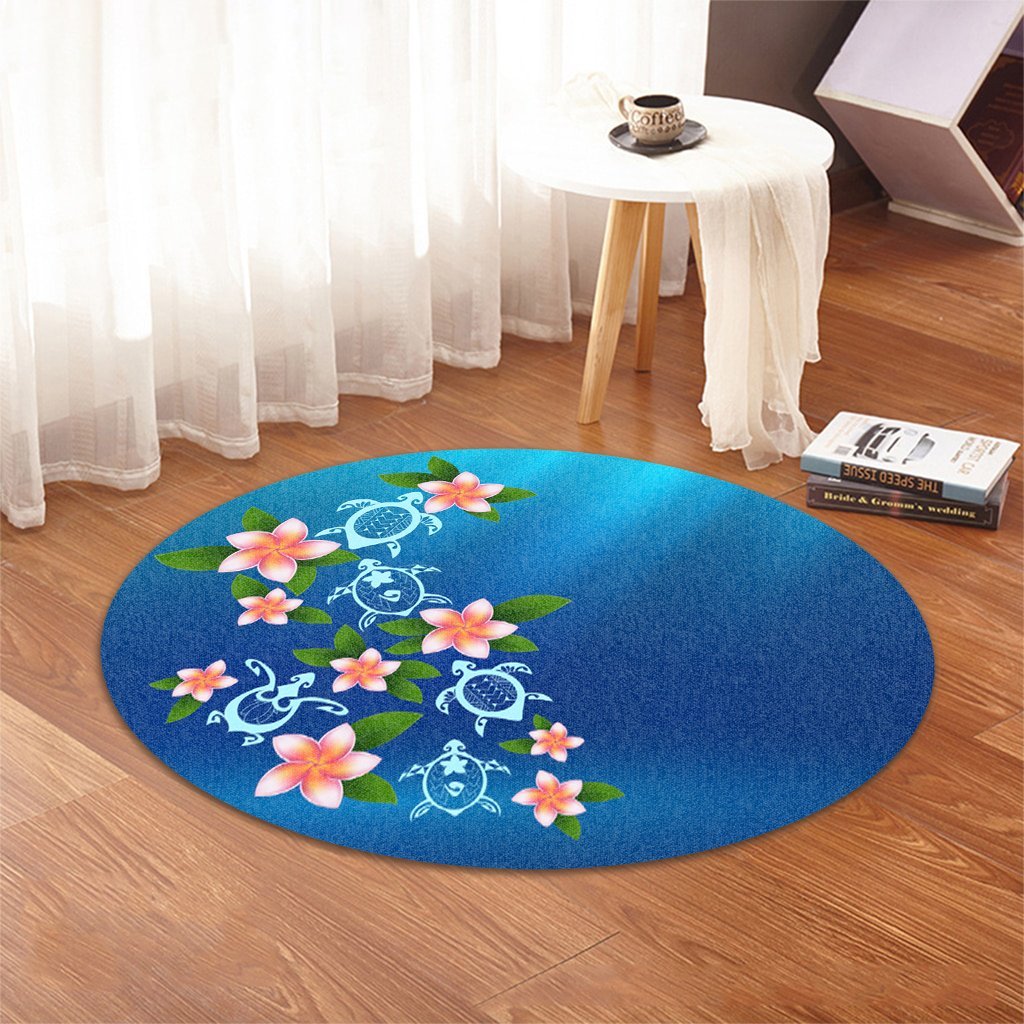 Hawaiian Tuttle And Plumeria Flower In The Sea Polynesian Round Carpet - AH - Polynesian Pride