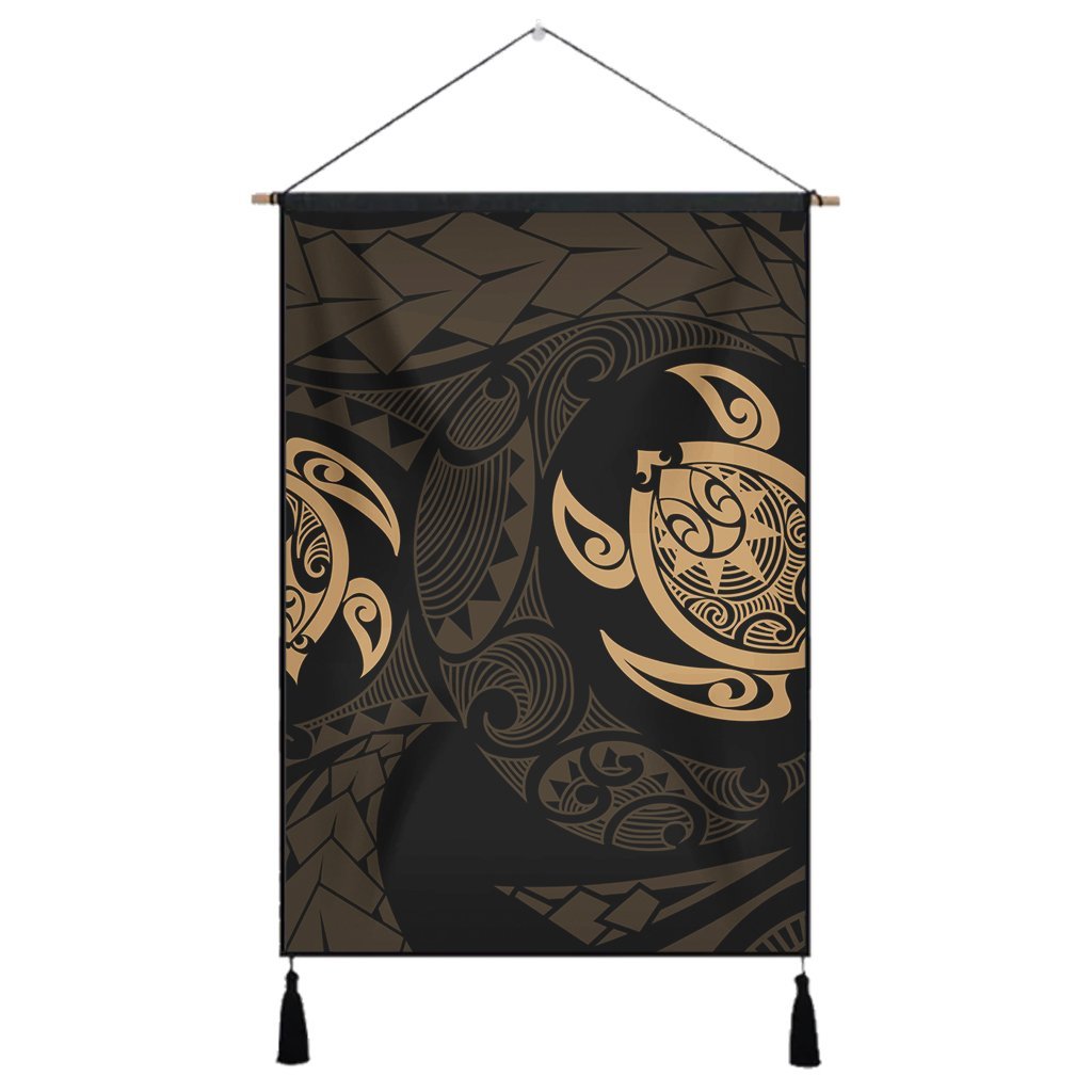 Hawaiian Two Turtle Polynesian Hanging Poster Gold AH Hanging Poster Cotton And Linen - Polynesian Pride
