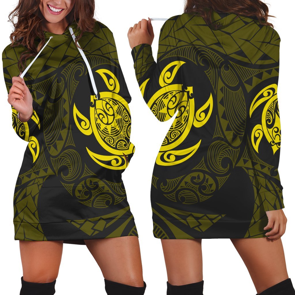 Hawaiian Two Turtle Polynesian Hoodie Dress Yellow AH Black - Polynesian Pride