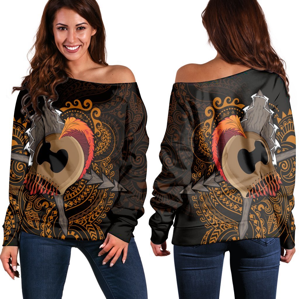Hawaiian Warrior Helmet Kanaka Polynesian Women's Off Shoulder Sweater - AH Black - Polynesian Pride