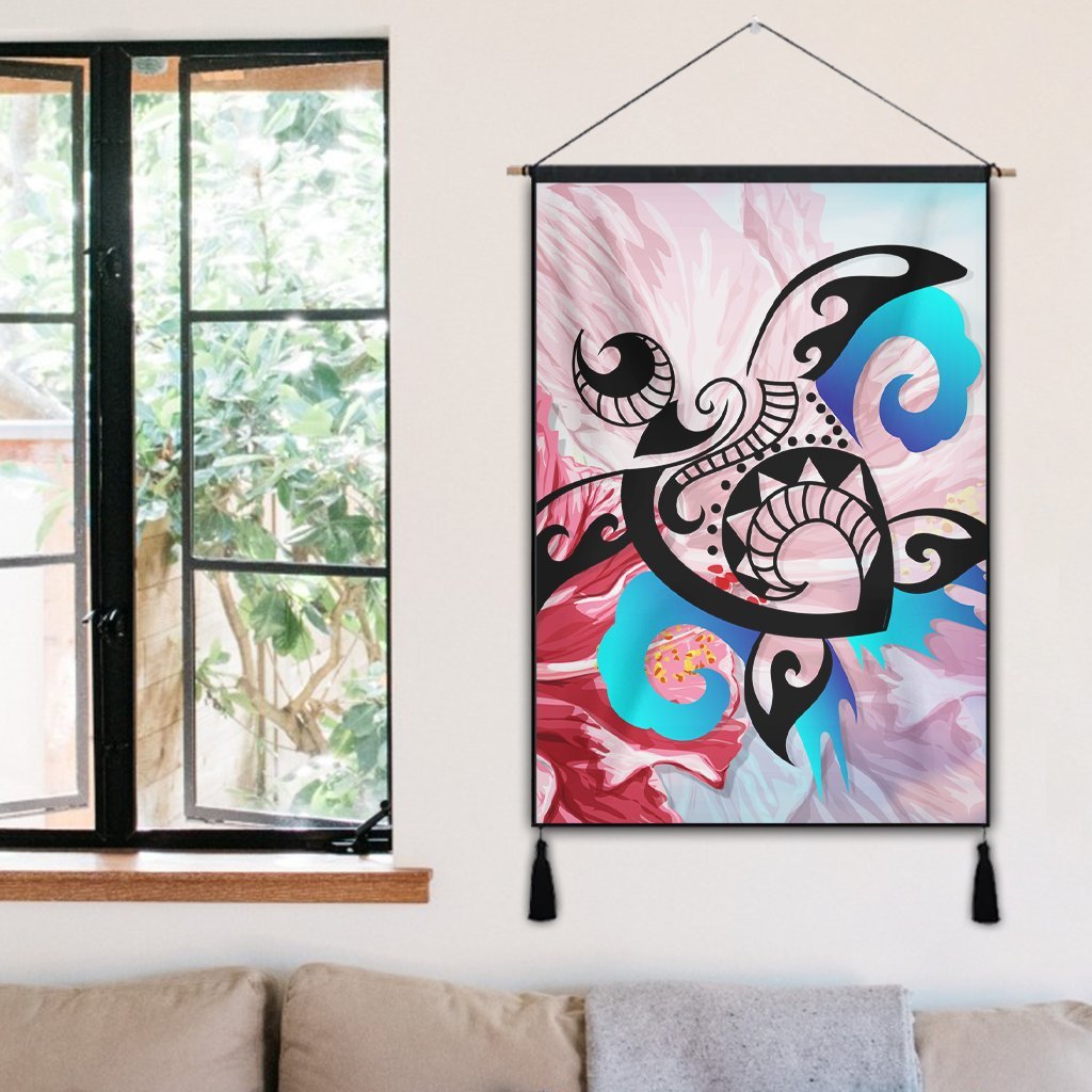 Hawaiian Wave Hibiscus Watercolor Turtle Polynesian Hanging Poster - AH - Polynesian Pride