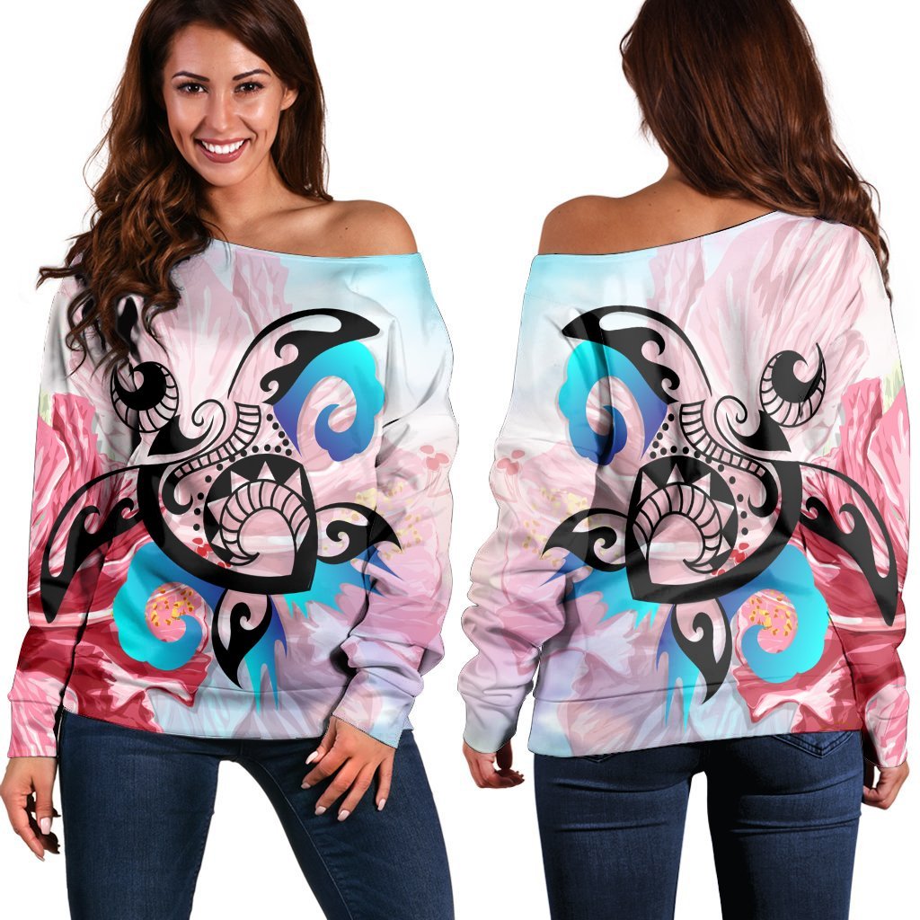 Hawaiian Wave Hibiscus Watercolor Turtle Polynesian Women's Off Shoulder Sweater - AH Black - Polynesian Pride