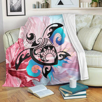 Hawaiian Wave Hibiscus Watercolor Turtle Polynesian Premium Blankets - AH White - Polynesian Pride