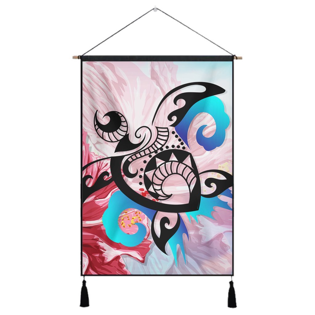 Hawaiian Wave Hibiscus Watercolor Turtle Polynesian Hanging Poster - AH Hanging Poster Cotton And Linen - Polynesian Pride